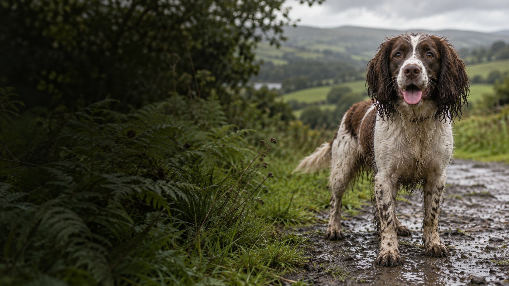 A muddy brown-and-white Springer Spaniel beside a green countryside path